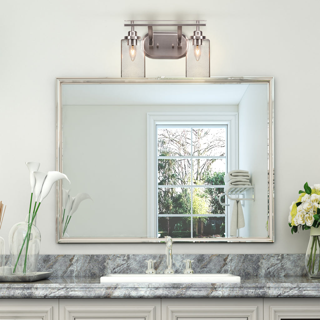 Odyssey Two Light Bath Bar in Brushed Nickel with 4" Square Clear Bubble Shade