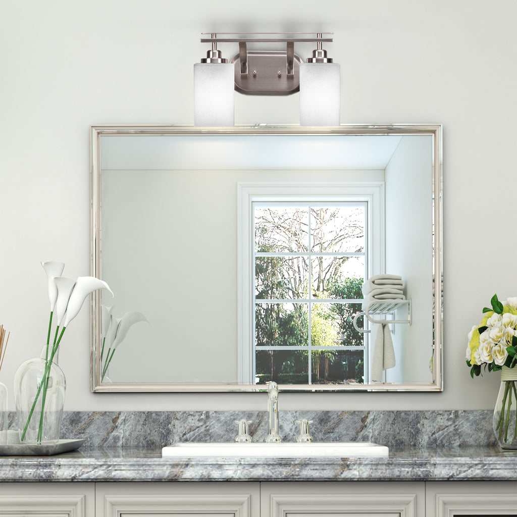 Odyssey Two Light Bath Bar in Brushed Nickel with 4" Square White Muslin Shade