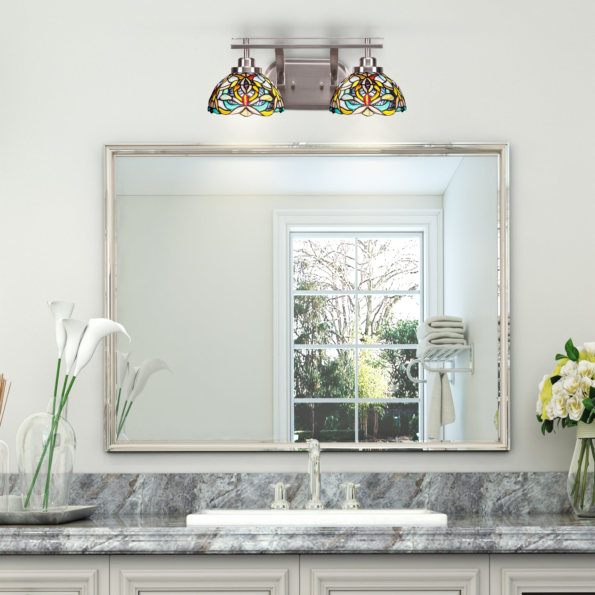 Odyssey Two Light Bath Bar in Brushed Nickel with 7" Kaleidoscope Art Glass Shade