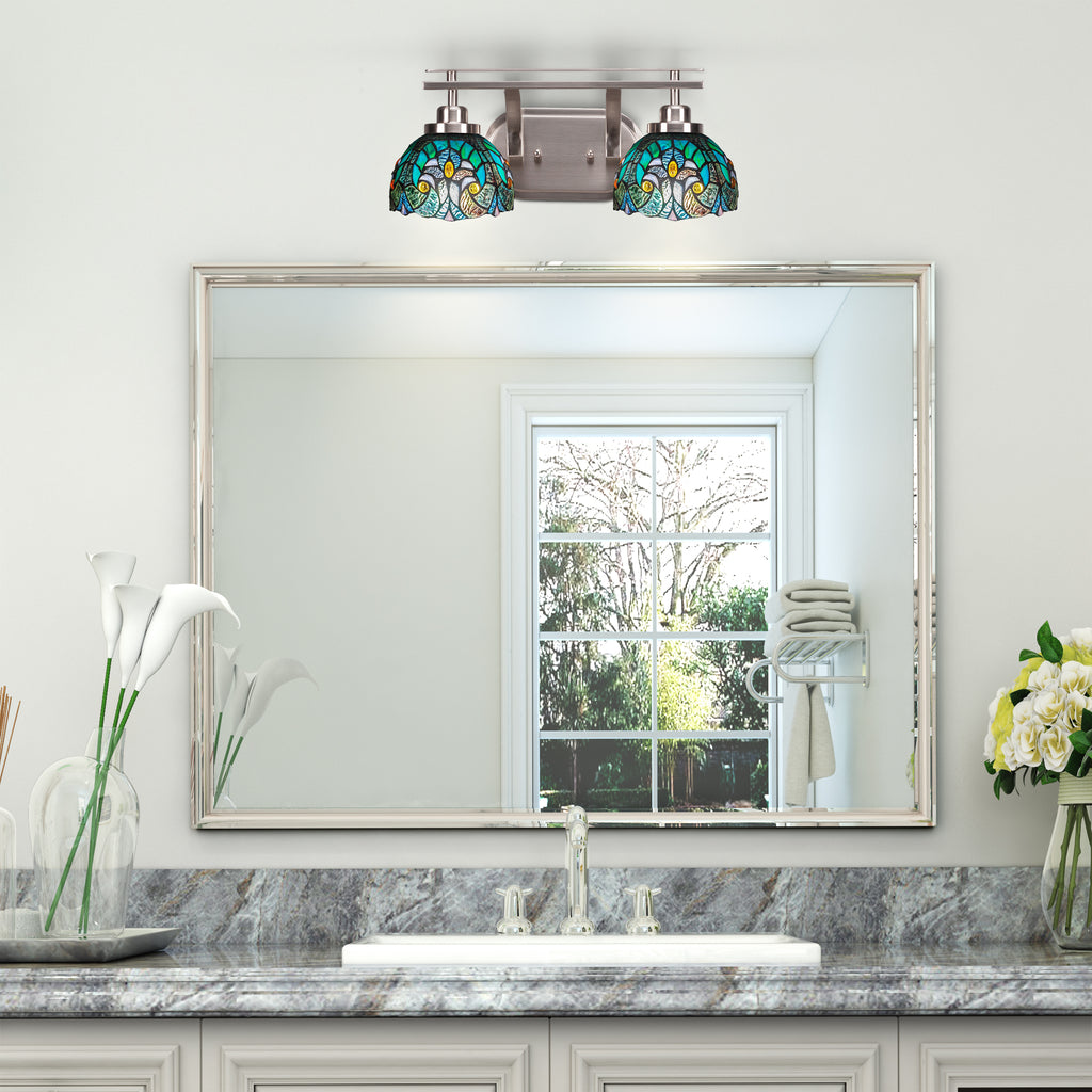 Odyssey Two Light Bath Bar in Brushed Nickel with 7" Turquoise Cypress Art Glass Shade