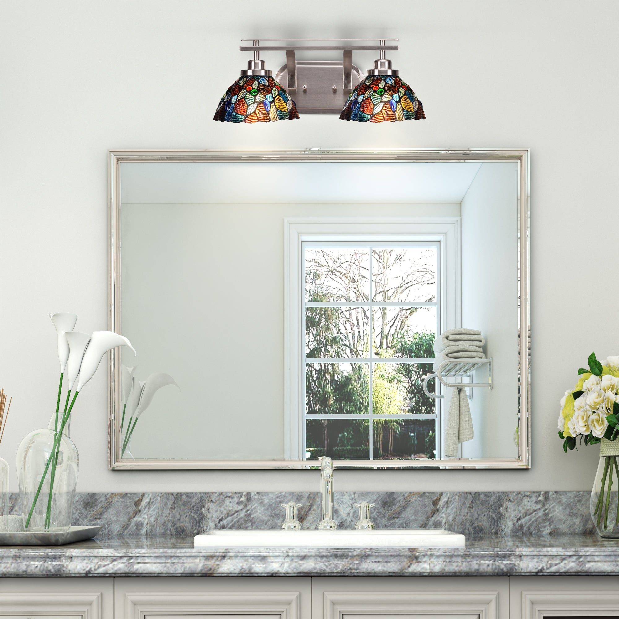 Odyssey Two Light Bath Bar in Brushed Nickel with 7" Blue Mosaic Art Glass Shade