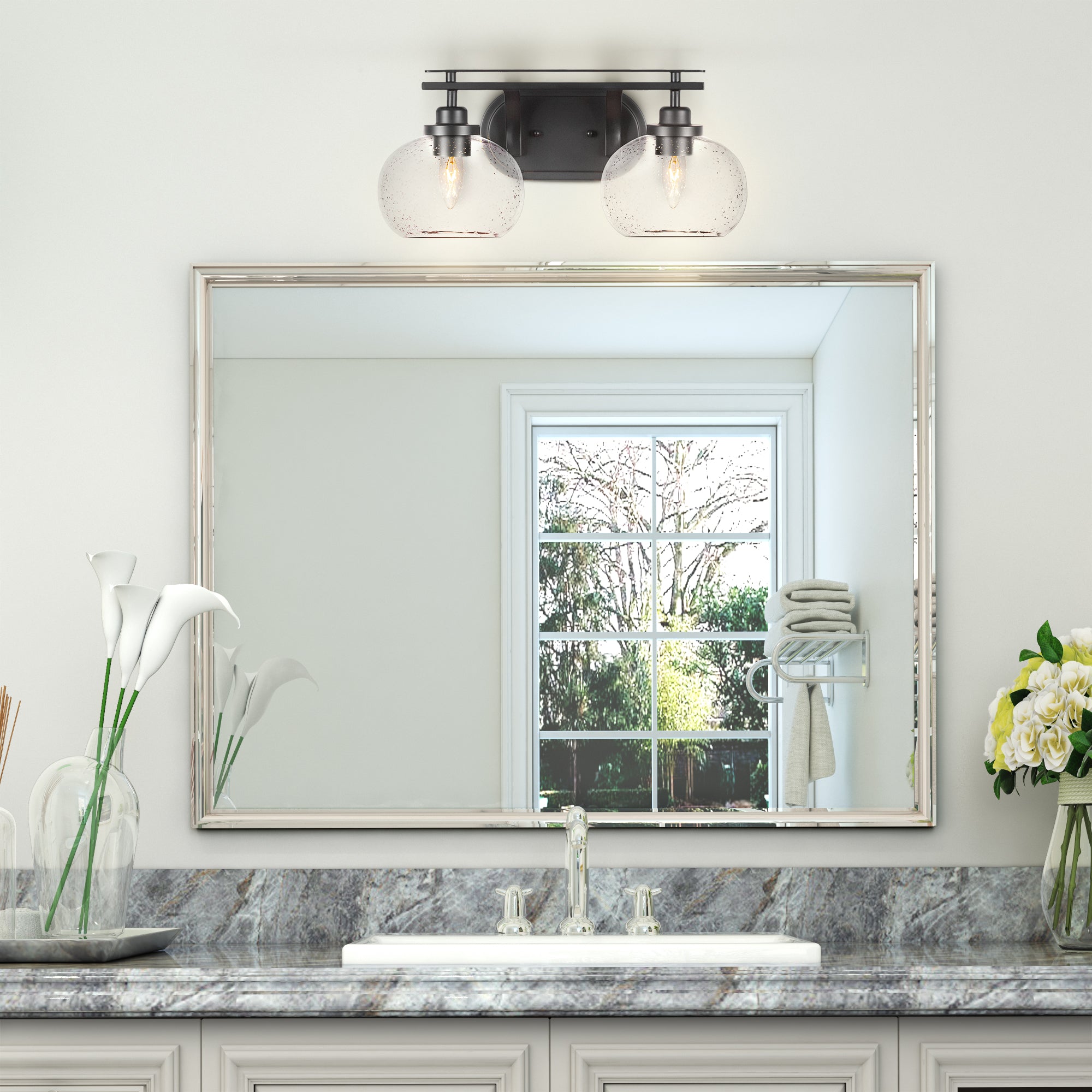 Odyssey Two Light Bath Bar in Matte Black with 7" Clear Bubble Shade