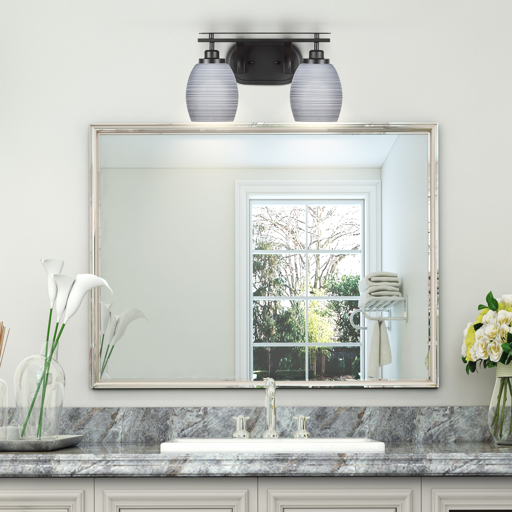 Odyssey Two Light Bath Bar in Matte Black with 5" Gray Matrix Shade