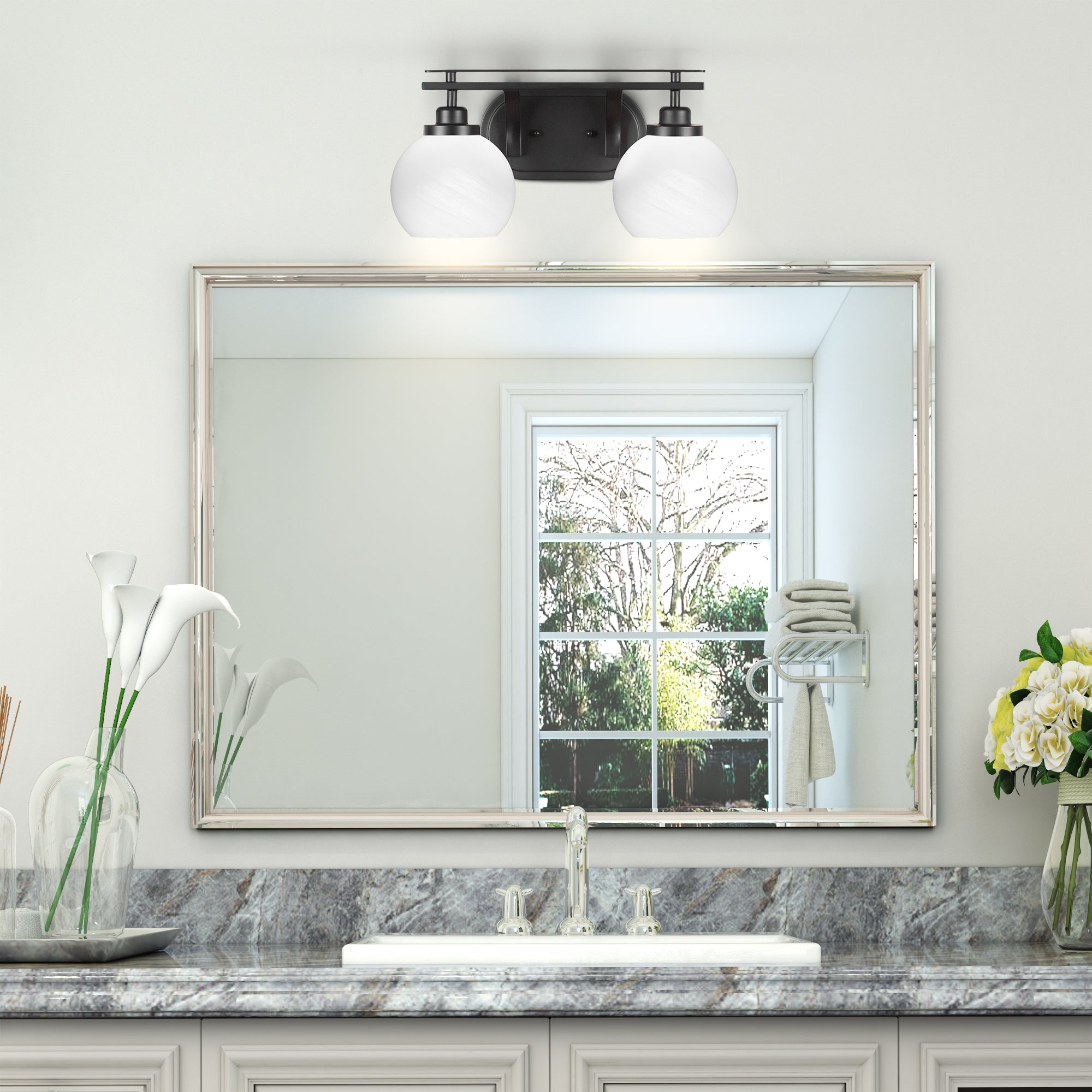 Odyssey Two Light Bath Bar in Matte Black with 5.75" White Marble Shade