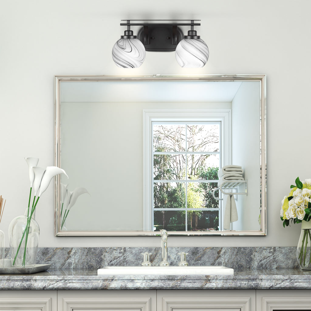 Odyssey Two Light Bath Bar in Matte Black with 5.75" Onyx Swirl Shade