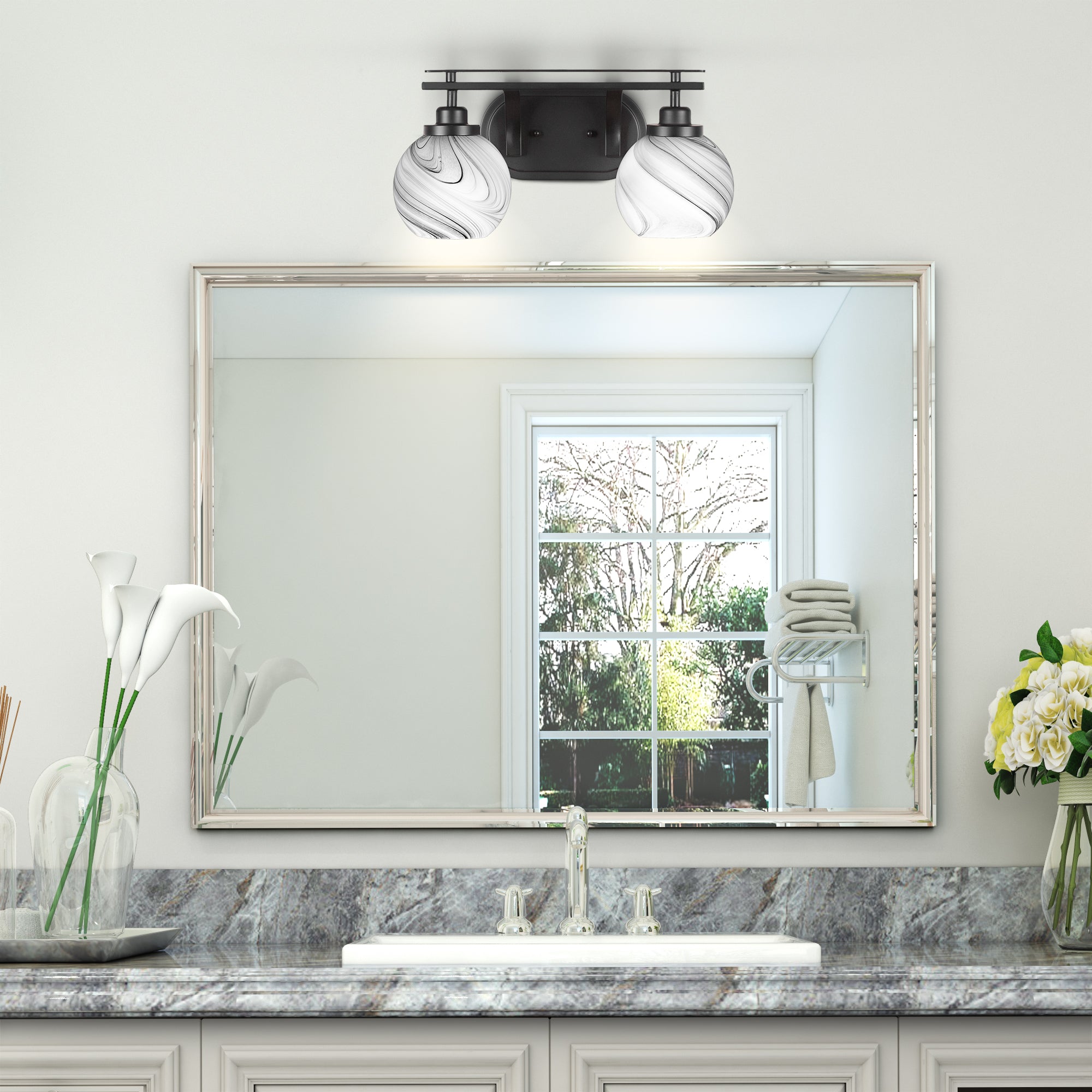 Odyssey Two Light Bath Bar in Matte Black with 5.75" Onyx Swirl Shade