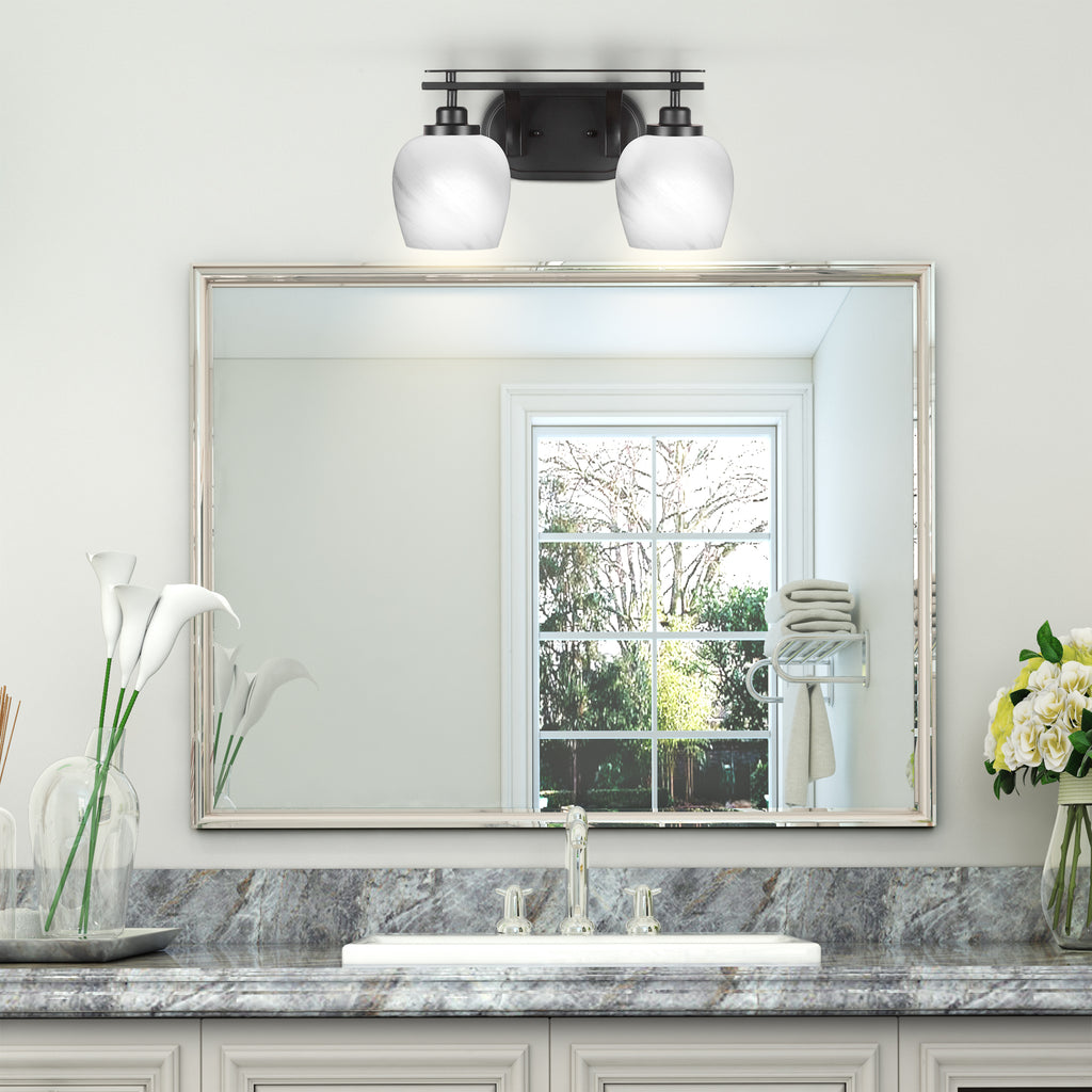 Odyssey Two Light Bath Bar in Matte Black with 6" White Marble Shade