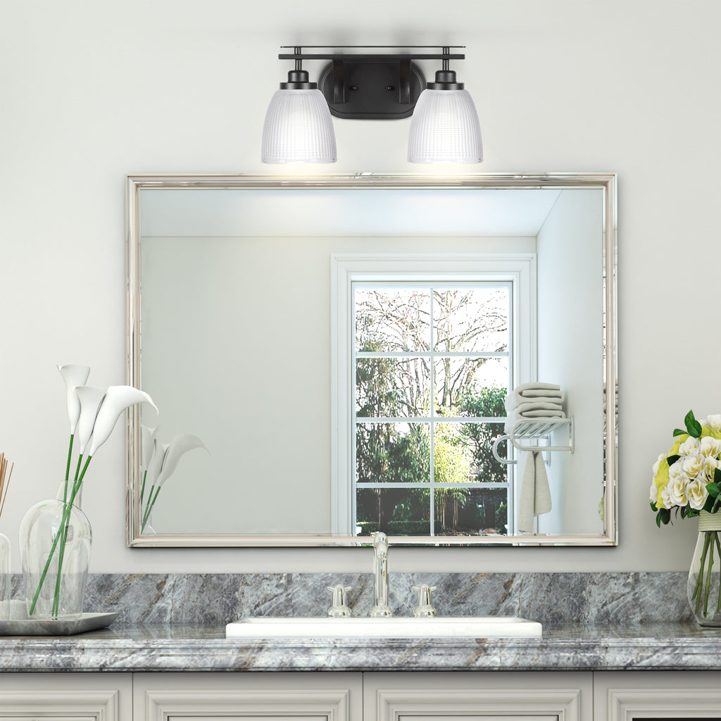 Odyssey Two Light Bath Bar in Matte Black with 5" Clear Ribbed Shade