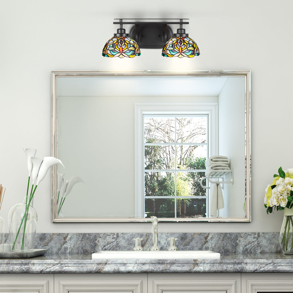 Odyssey Two Light Bath Bar in Matte Black with 7" Kaleidoscope Art Glass Shade