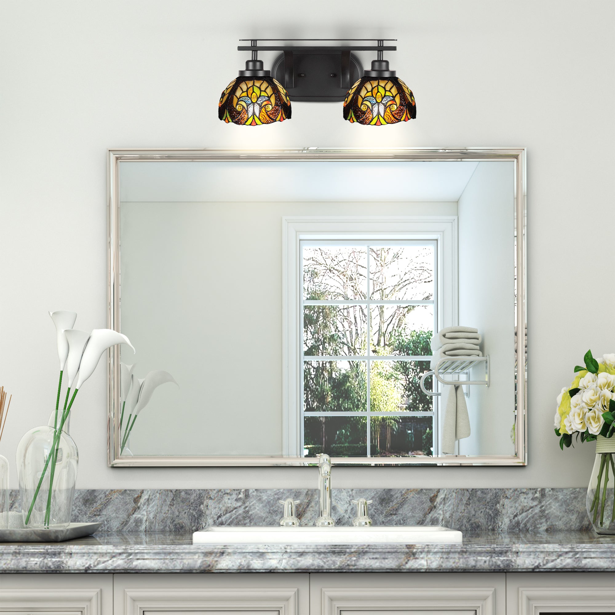 Odyssey Two Light Bath Bar in Matte Black with 7" Ivory Cypress Art Glass Shade