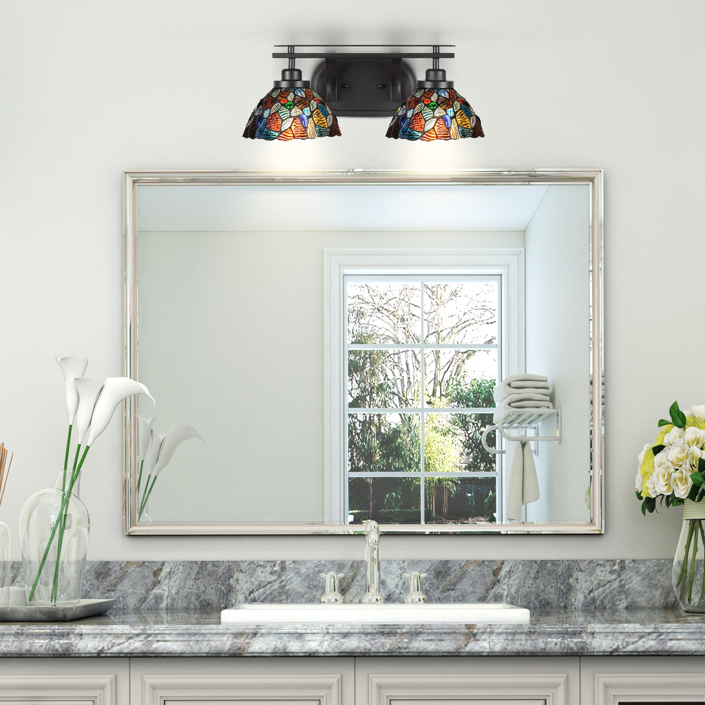Odyssey Two Light Bath Bar in Matte Black with 7" Blue Mosaic Art Glass Shade