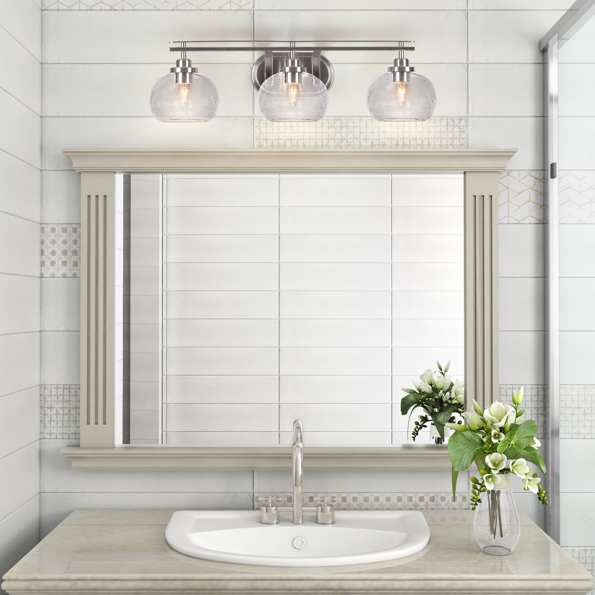 Odyssey Three Light Bath Bar in Brushed Nickel with 7" Clear Bubble Shade