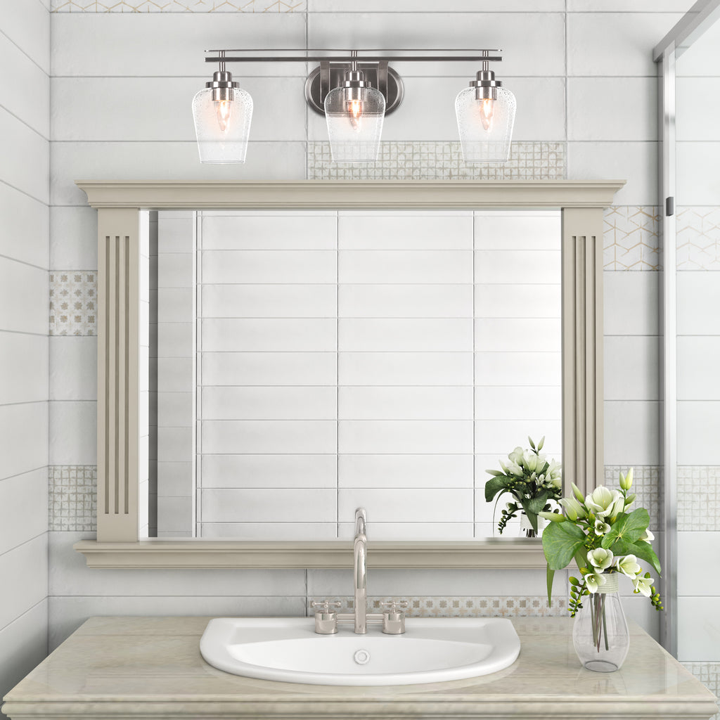 Odyssey Three Light Bath Bar in Brushed Nickel with 5" Clear Bubble Shade