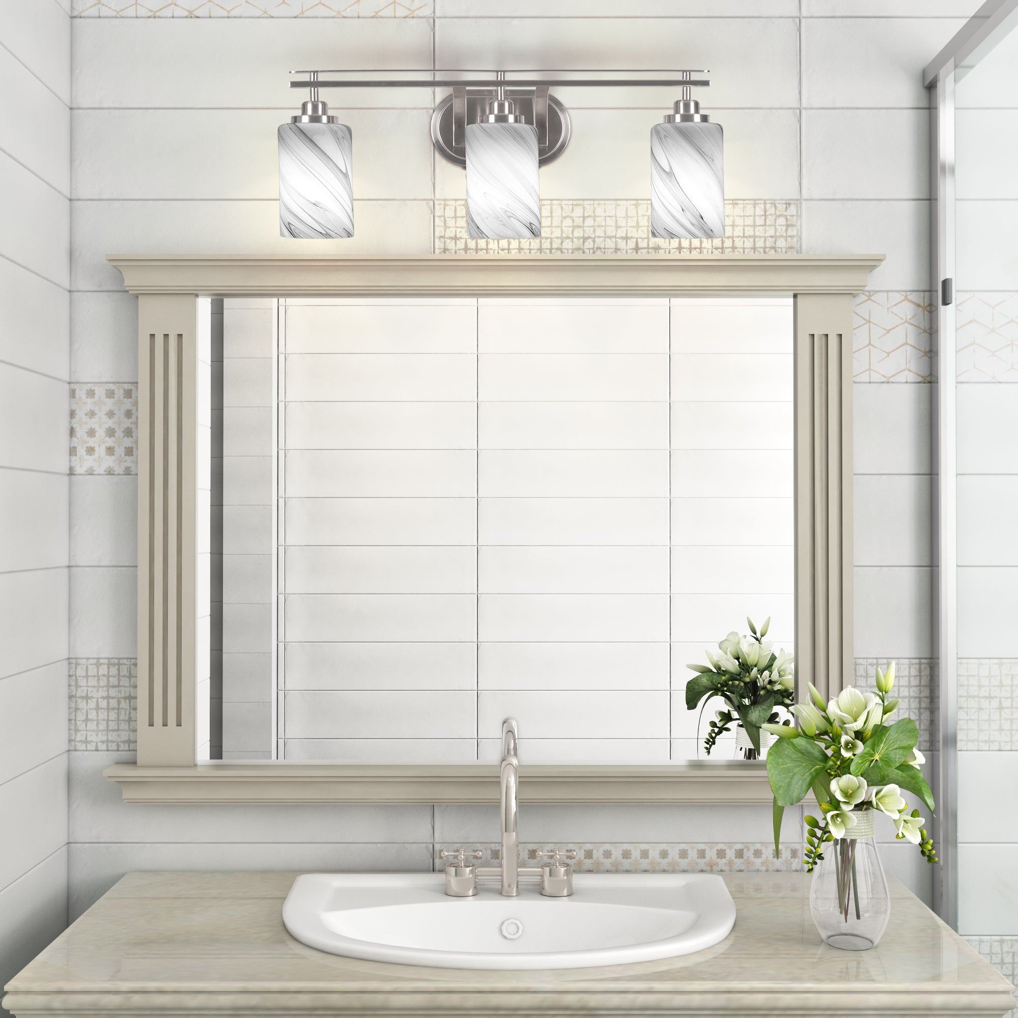 Odyssey Three Light Bath Bar in Brushed Nickel with 4" Onyx Swirl Shade