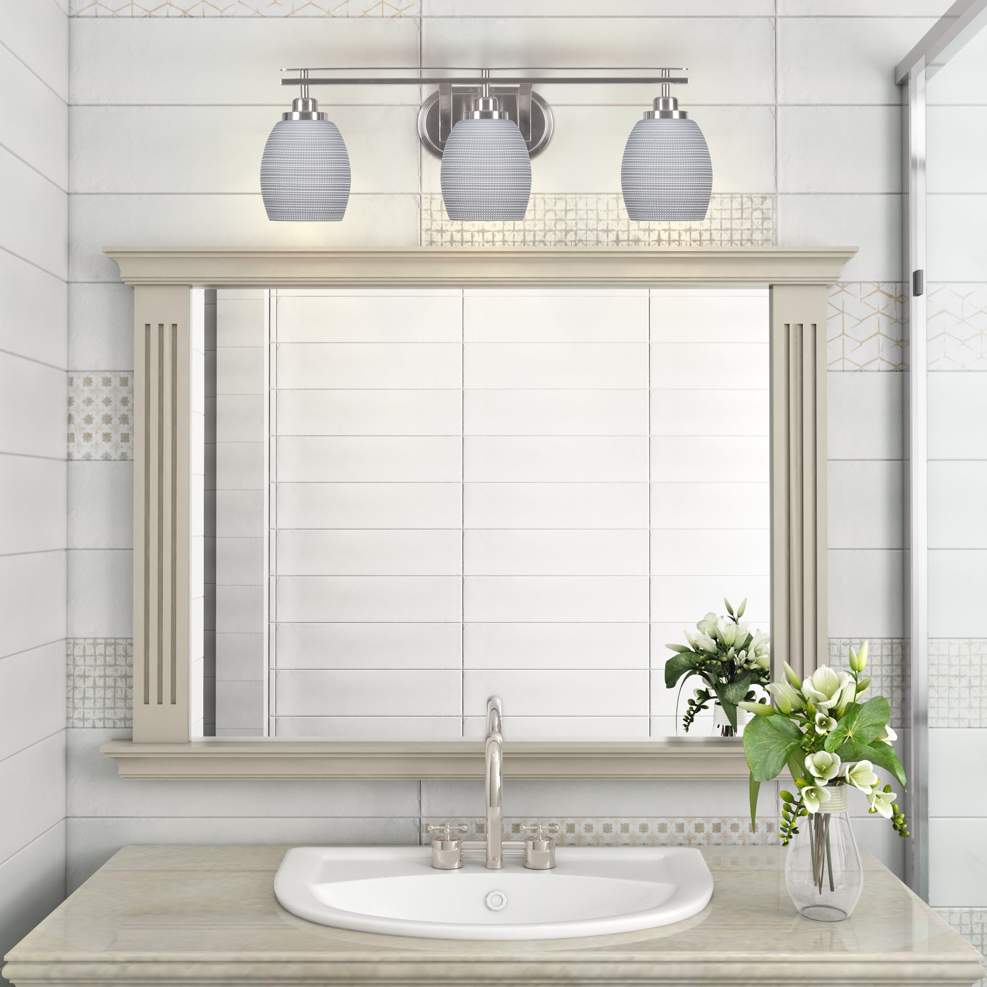 Odyssey Three Light Bath Bar in Brushed Nickel with 5" Gray Matrix Shade