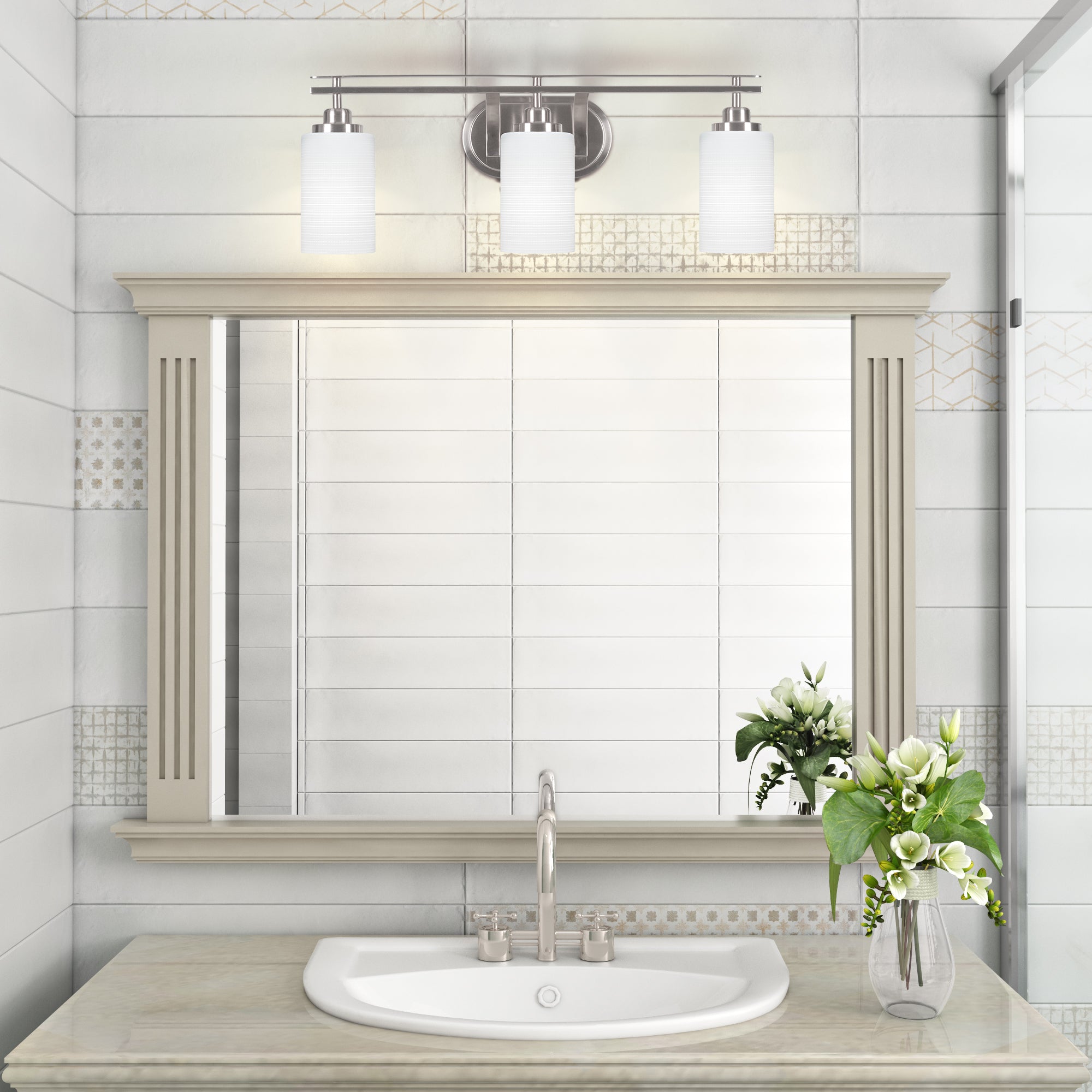 Odyssey Three Light Bath Bar in Brushed Nickel with 4" White Matrix Shade