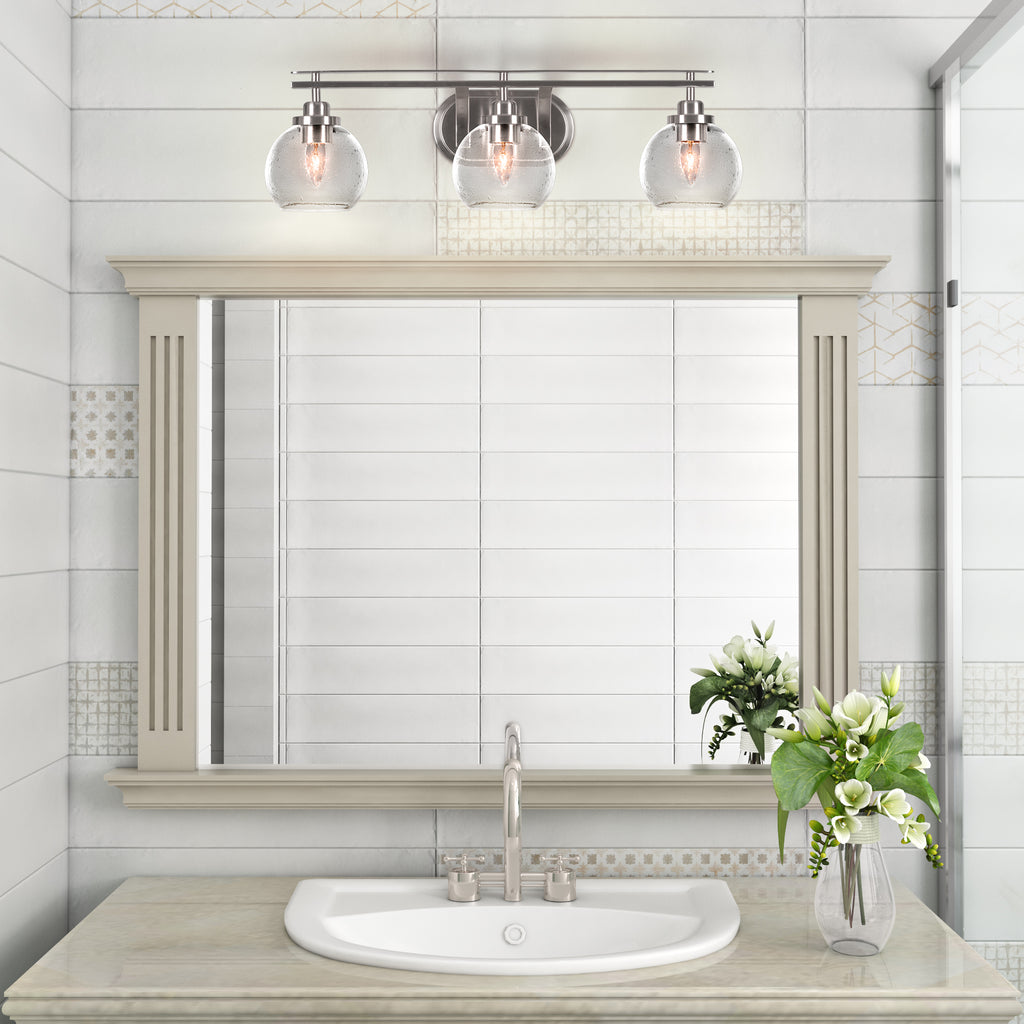 Odyssey Three Light Bath Bar in Brushed Nickel with 5.75" Clear Bubble Shade