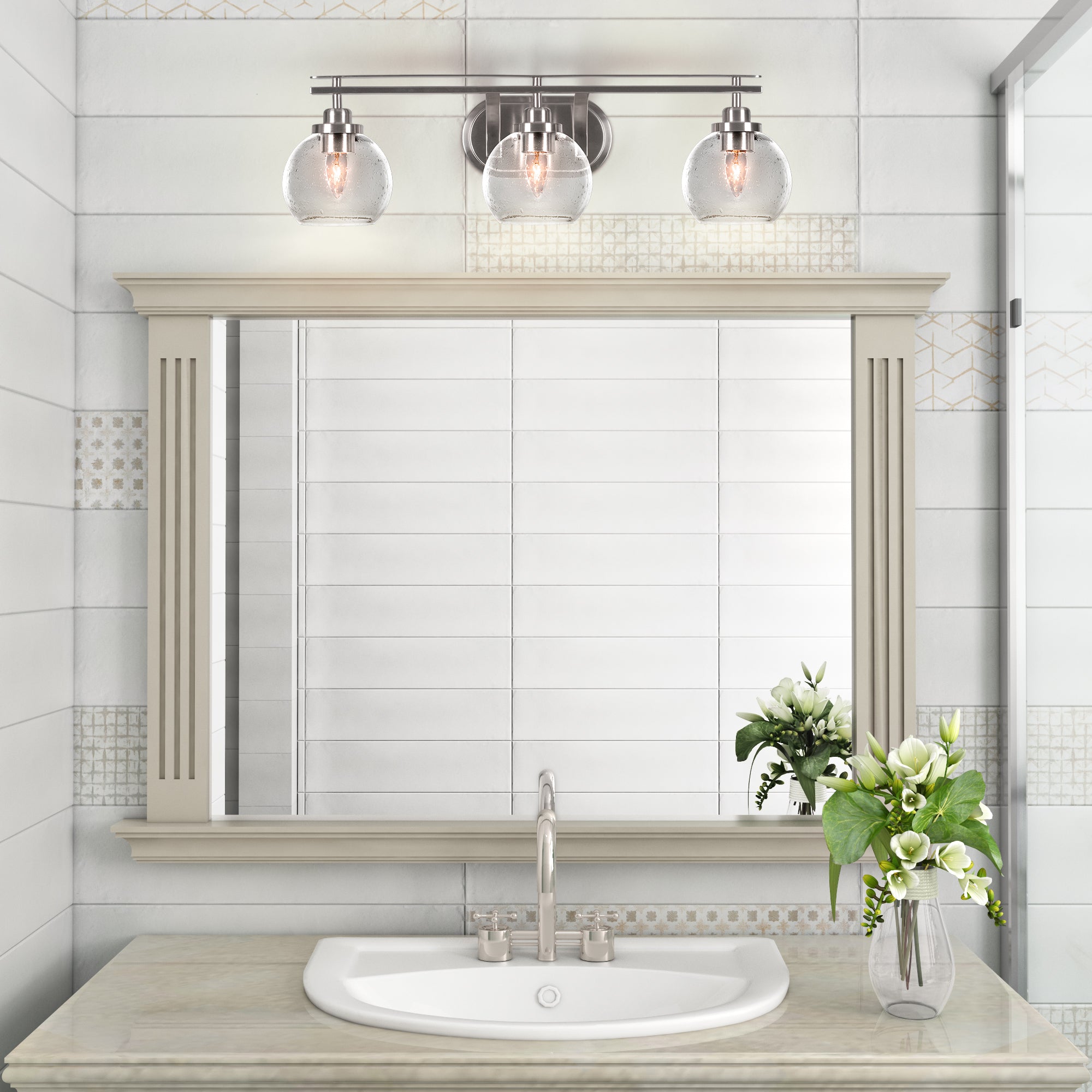 Odyssey Three Light Bath Bar in Brushed Nickel with 5.75" Clear Bubble Shade