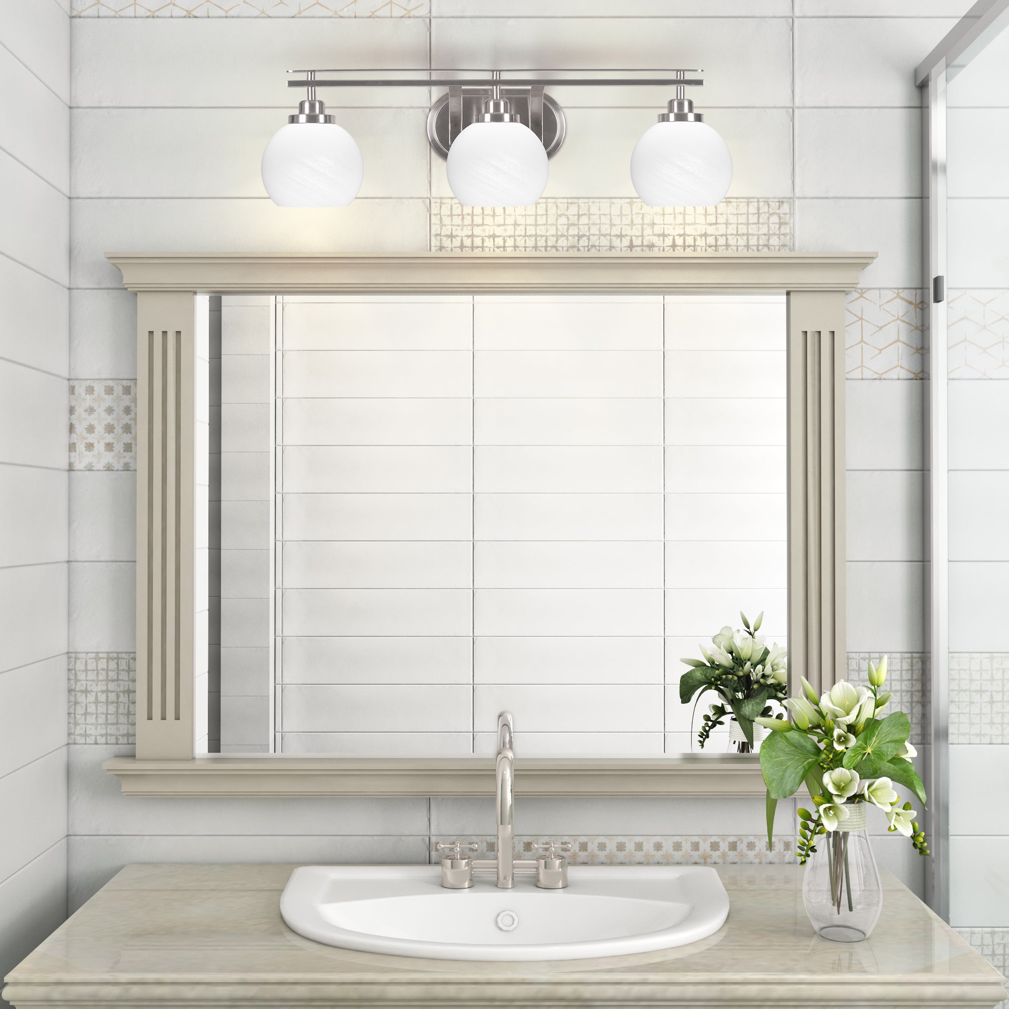 Odyssey Three Light Bath Bar in Brushed Nickel with 5.75" White Marble Shade