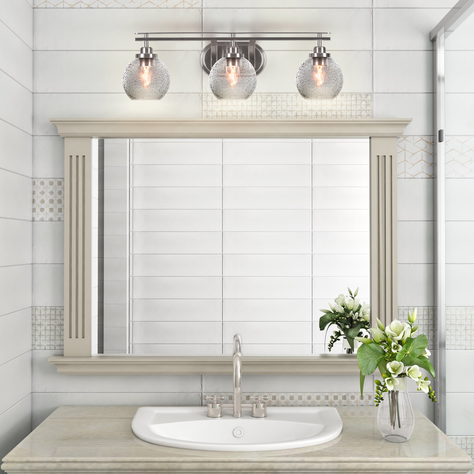 Odyssey Three Light Bath Bar in Brushed Nickel with 5.75" Smoke Bubble Shade