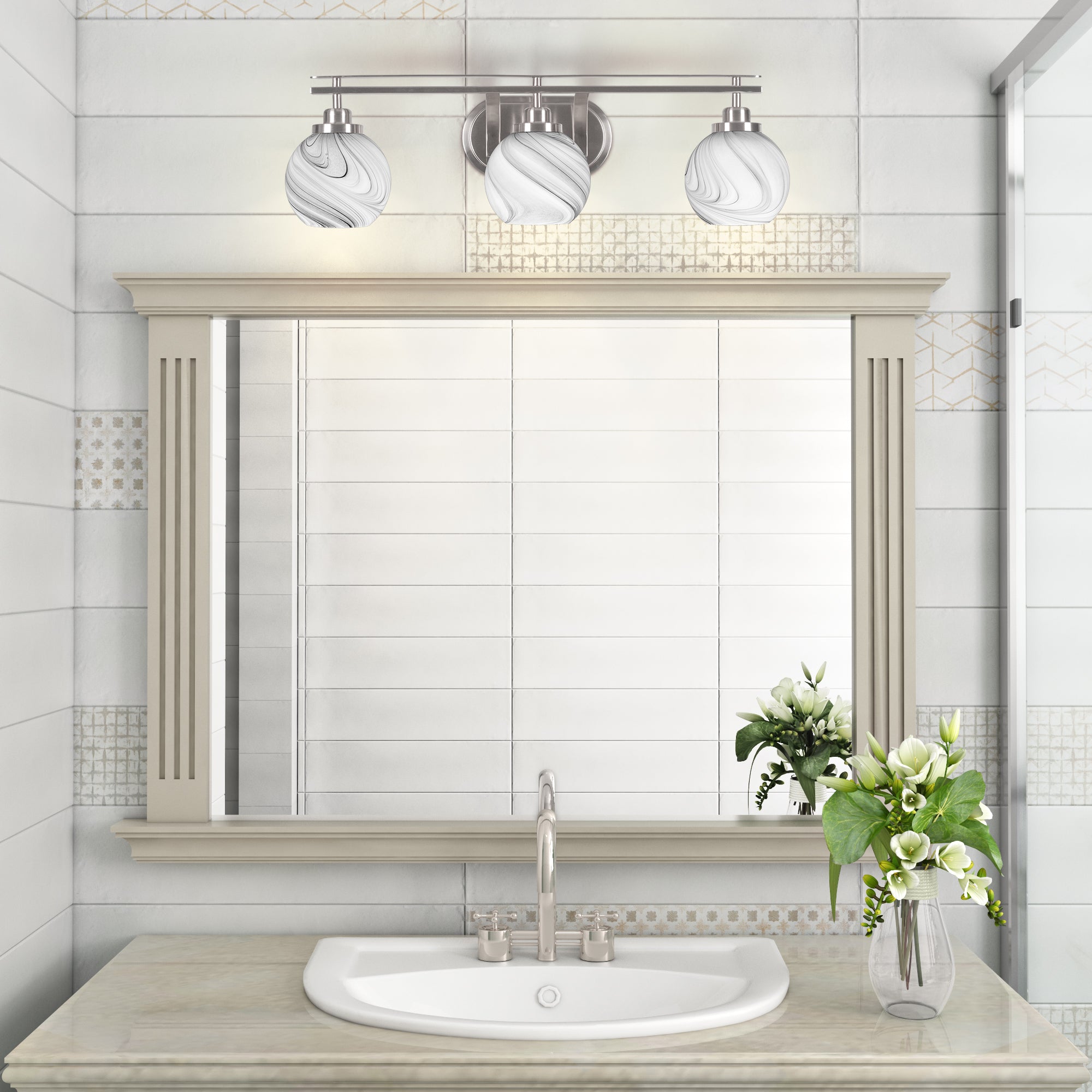 Odyssey Three Light Bath Bar in Brushed Nickel with 5.75" Onyx Swirl Shade