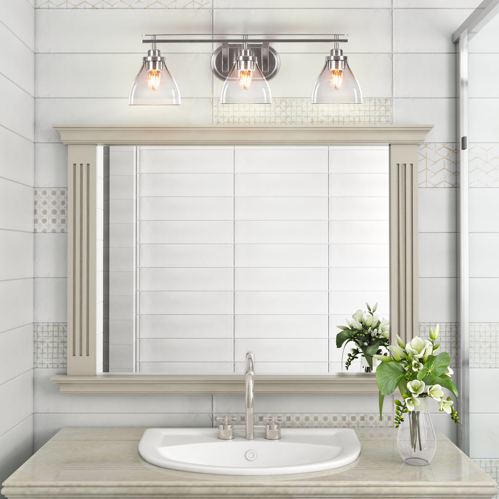 Odyssey Three Light Bath Bar in Brushed Nickel with 6.25" Clear Bubble Shade