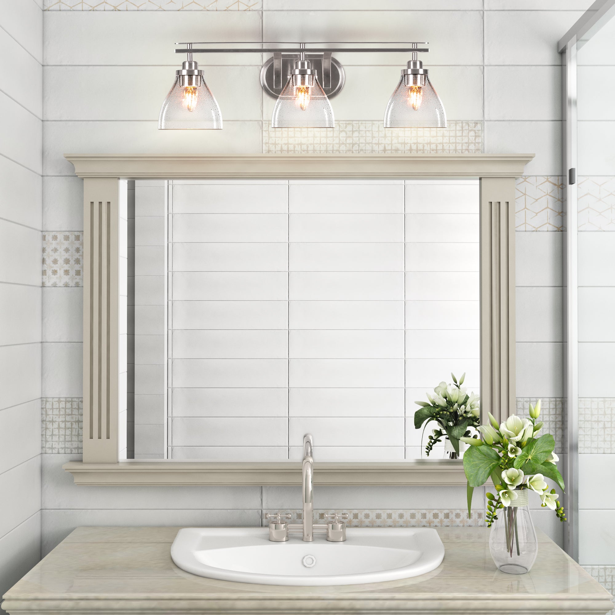 Odyssey Three Light Bath Bar in Brushed Nickel with 6.25" Clear Bubble Shade