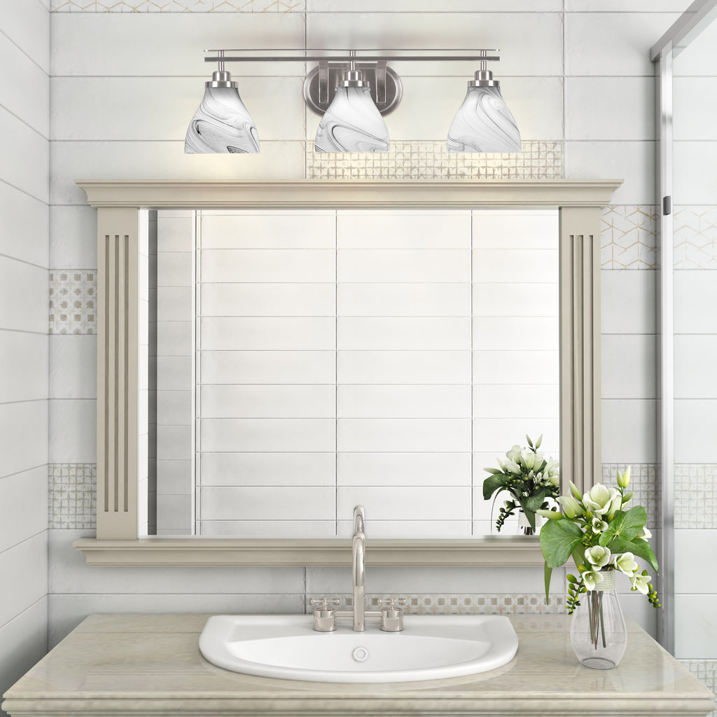 Odyssey Three Light Bath Bar in Brushed Nickel with 6.25" Onyx Swirl Shade