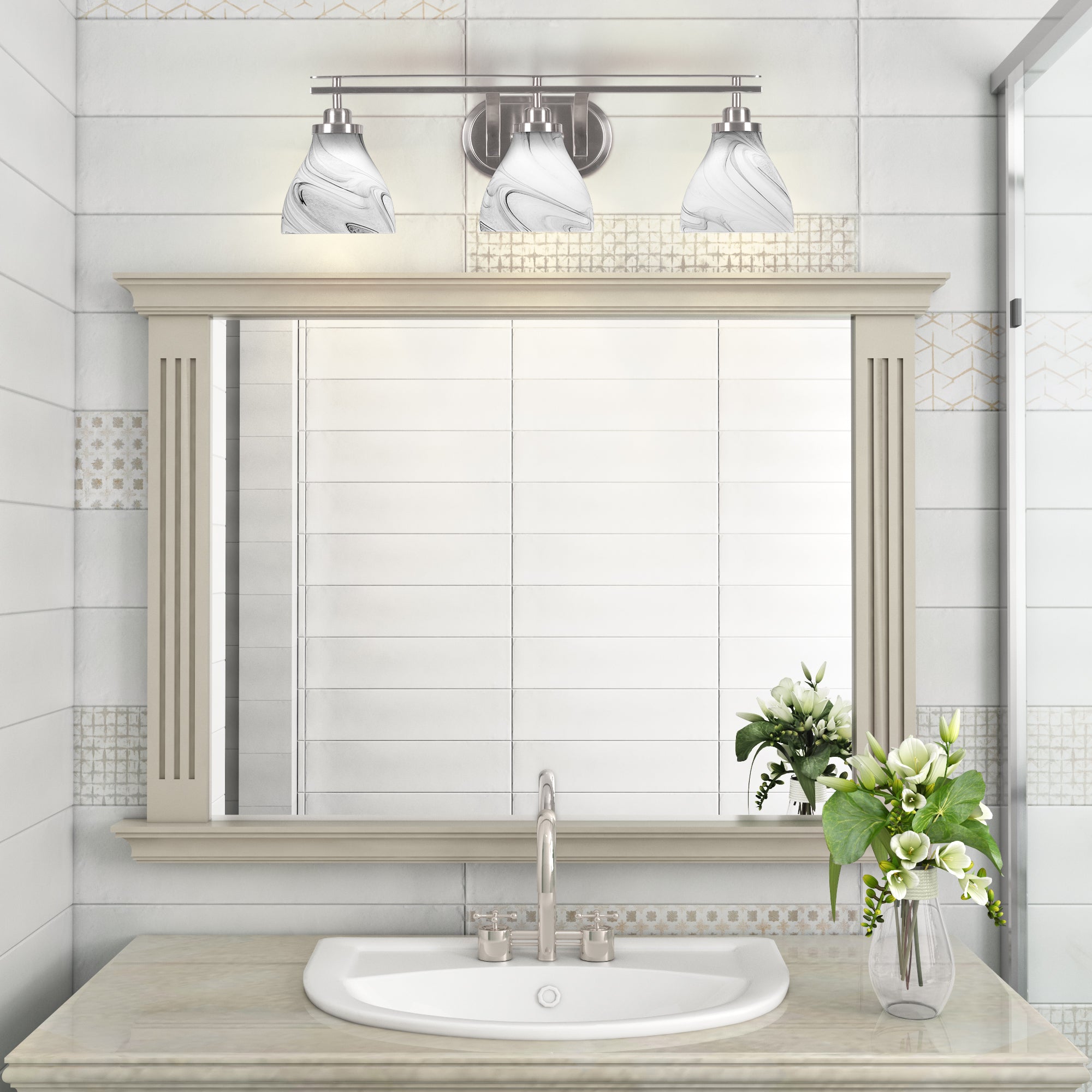 Odyssey Three Light Bath Bar in Brushed Nickel with 6.25" Onyx Swirl Shade