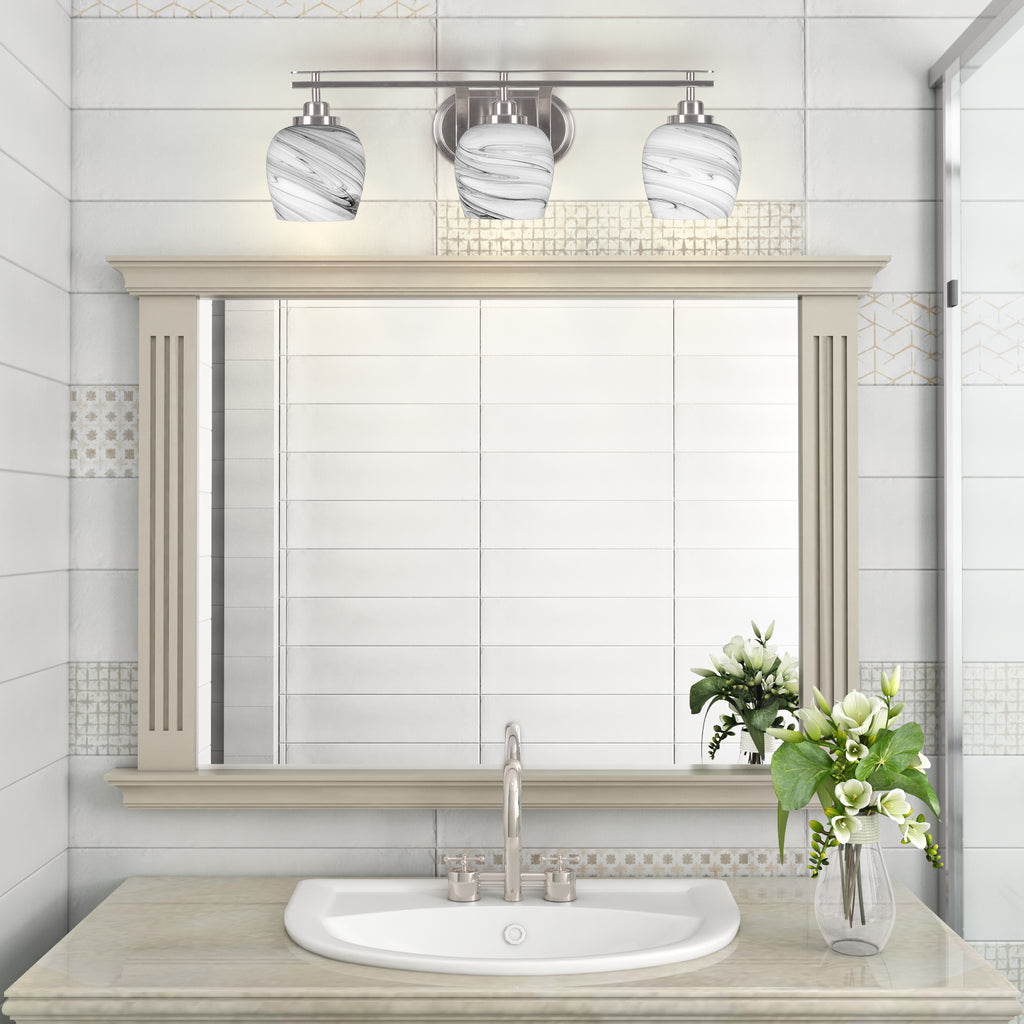 Odyssey Three Light Bath Bar in Brushed Nickel with 6" Onyx Swirl Shade