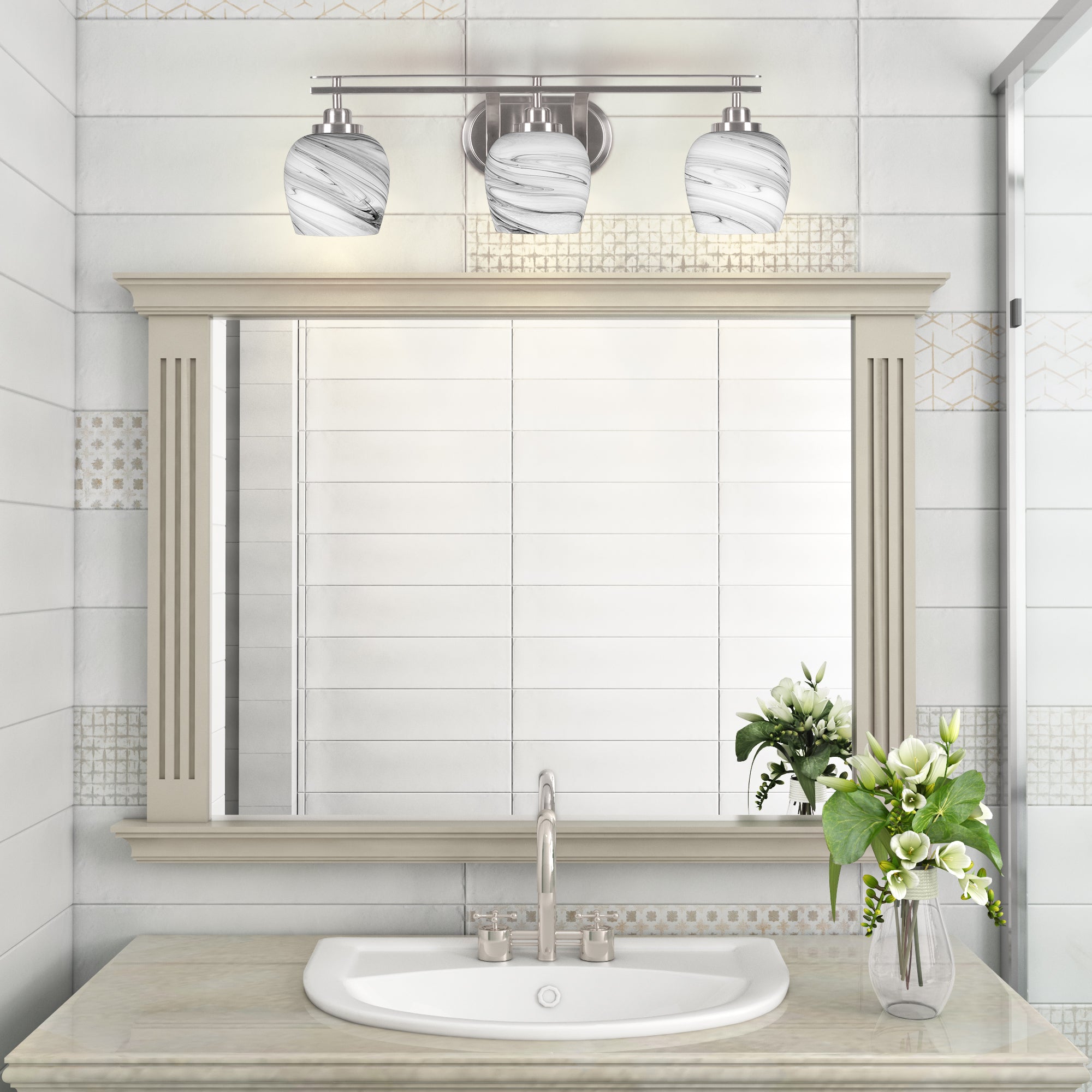 Odyssey Three Light Bath Bar in Brushed Nickel with 6" Onyx Swirl Shade