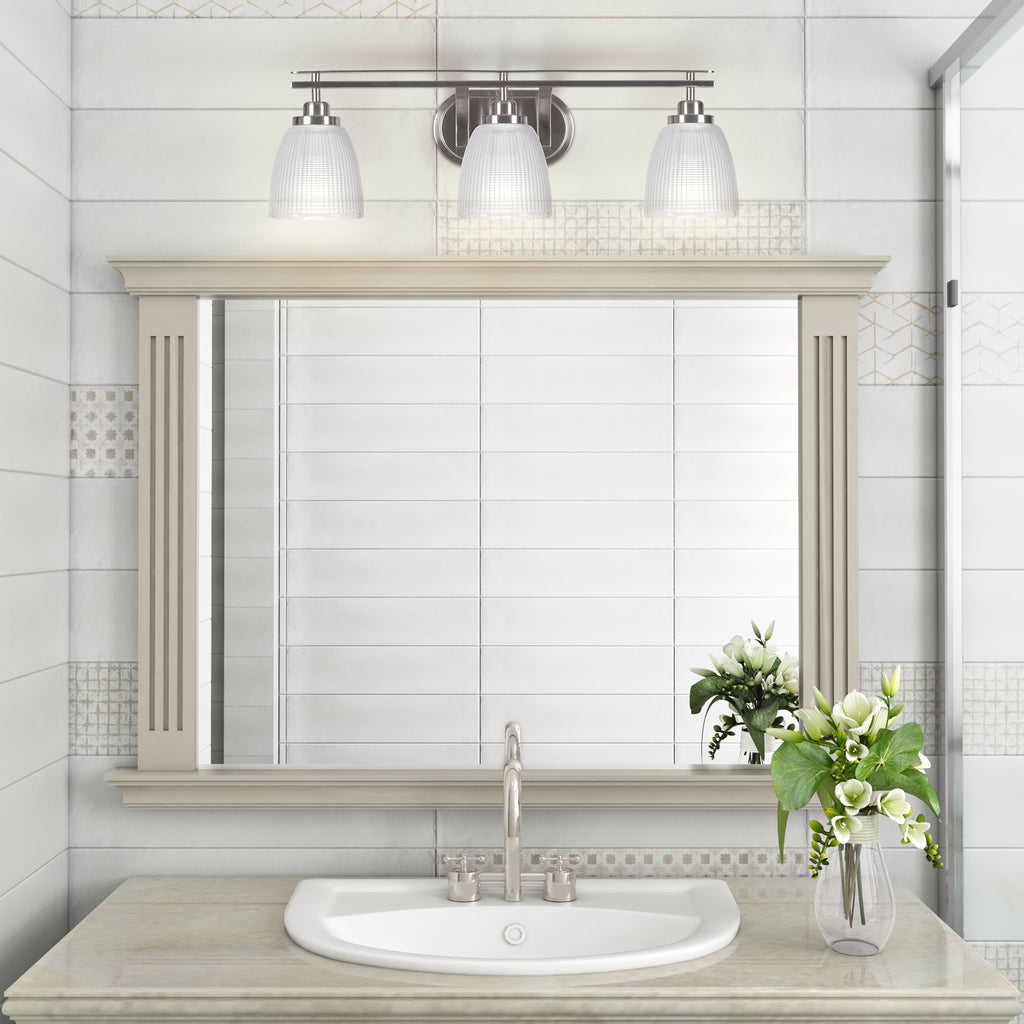 Odyssey Three Light Bath Bar in Brushed Nickel with 5" Clear Ribbed Shade