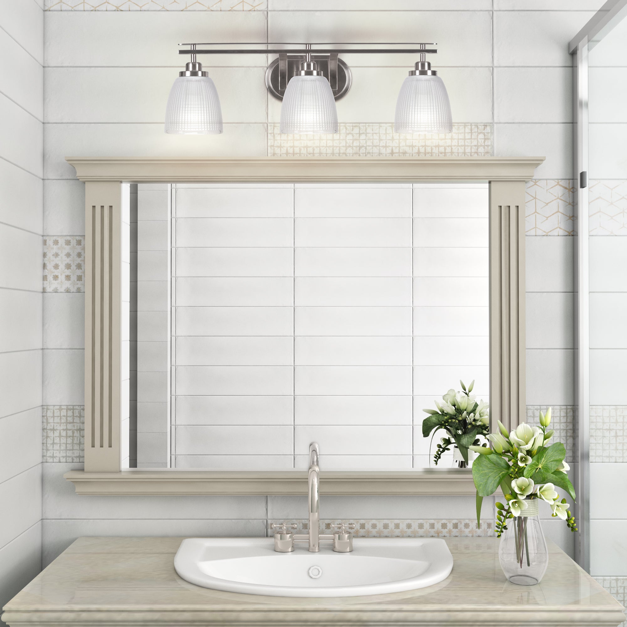 Odyssey Three Light Bath Bar in Brushed Nickel with 5" Clear Ribbed Shade