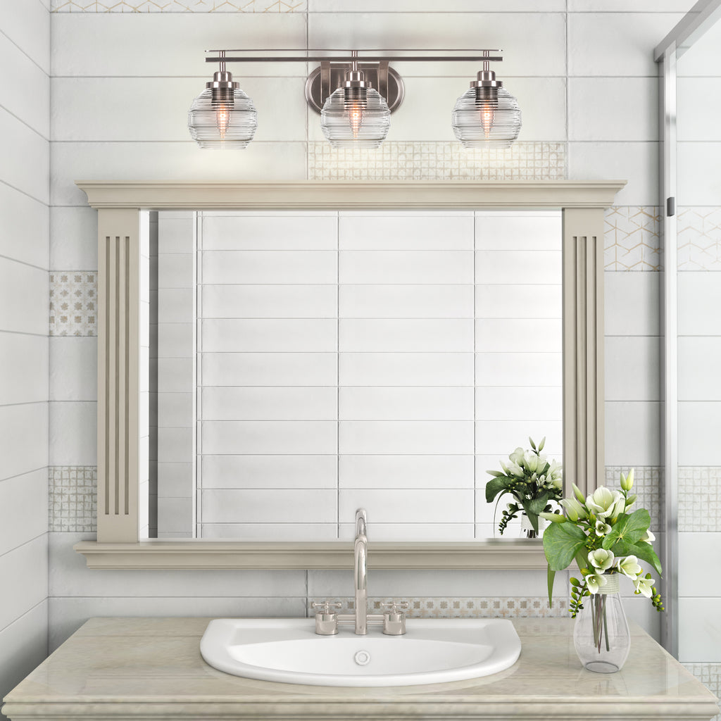 Odyssey Three Light Bath Bar in Brushed Nickel with 6" Clear Ribbed Shade