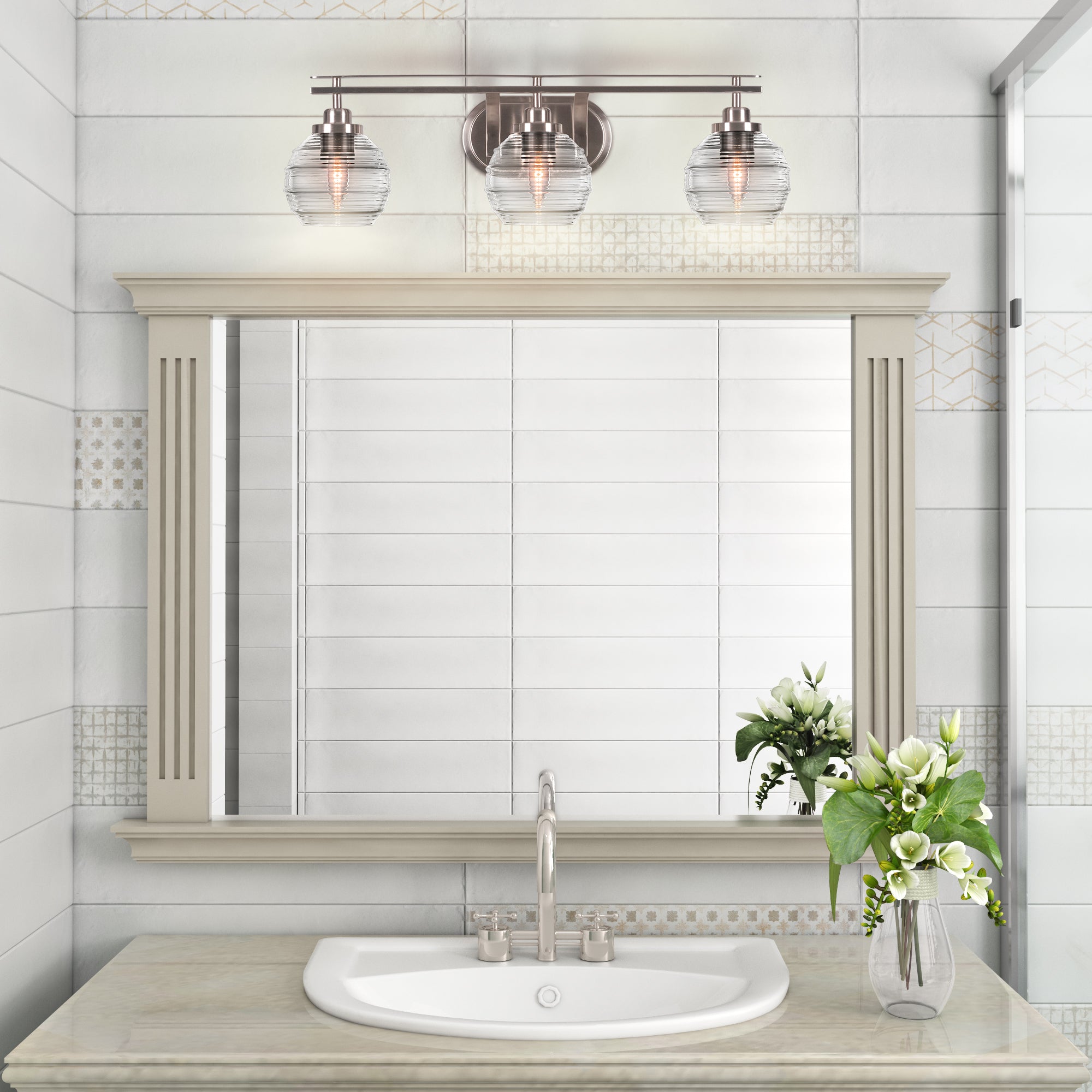 Odyssey Three Light Bath Bar in Brushed Nickel with 6" Clear Ribbed Shade
