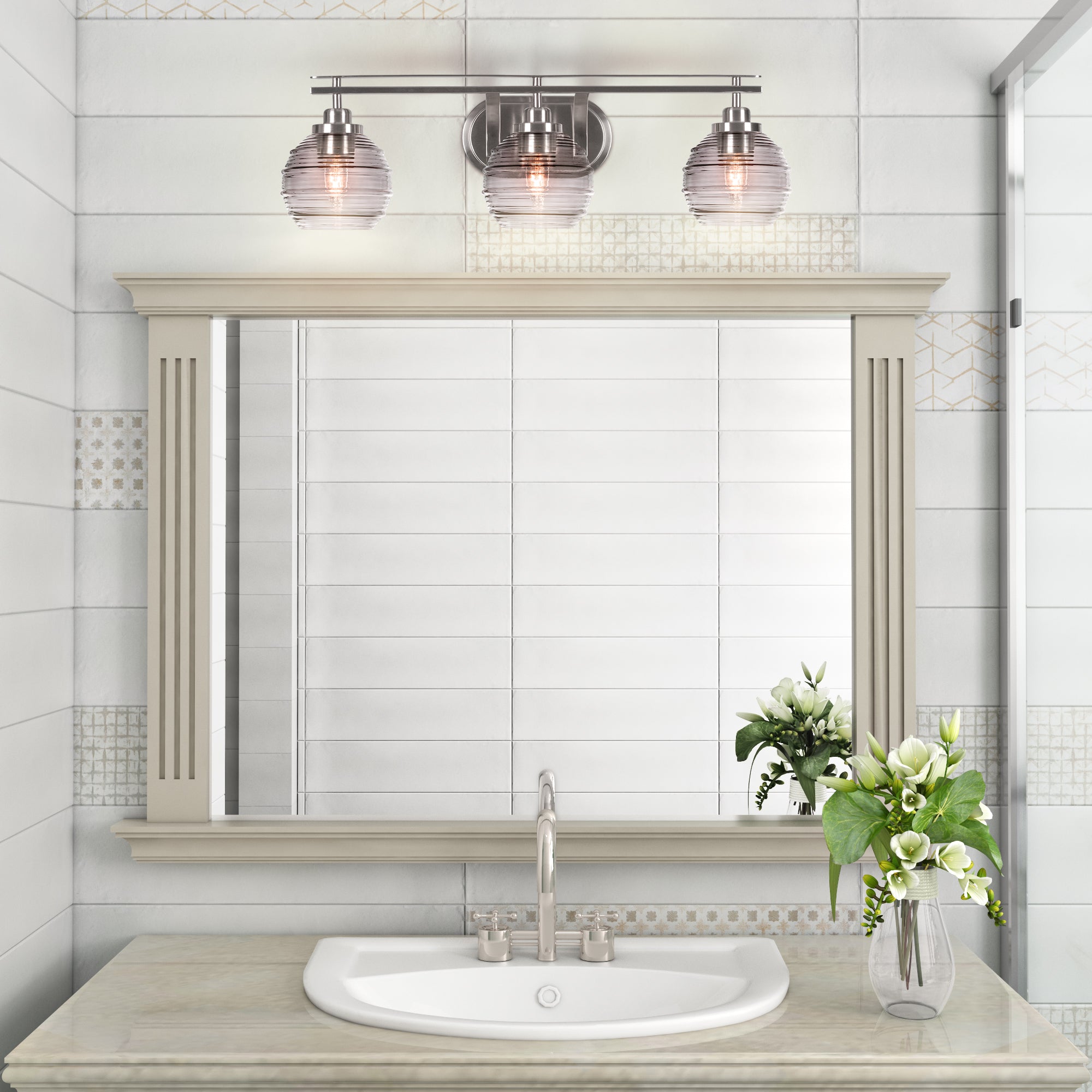 Odyssey Three Light Bath Bar in Brushed Nickel with 6" Smoke Ribbed Shade