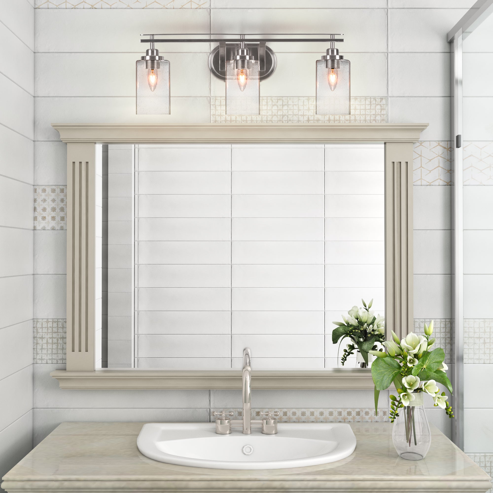 Odyssey Three Light Bath Bar in Brushed Nickel with 4" Square Clear Bubble Shade