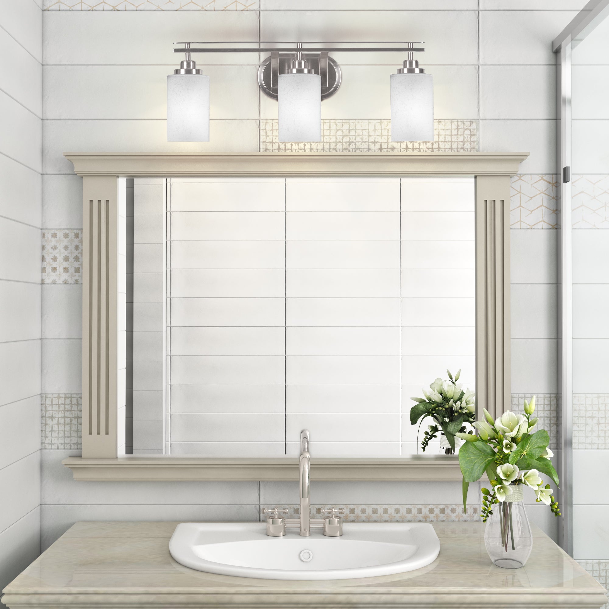 Odyssey Three Light Bath Bar in Brushed Nickel with 4" Square White Muslin Shade