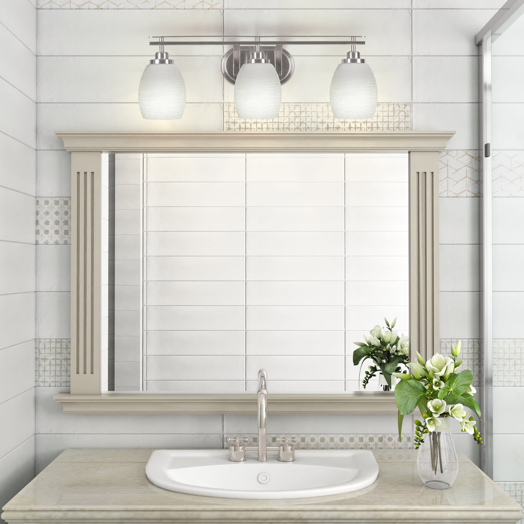 Odyssey Three Light Bath Bar in Brushed Nickel with 5" White Linen Shade