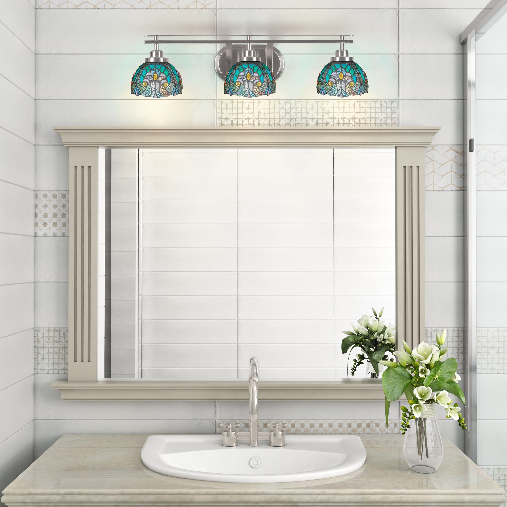 Odyssey Three Light Bath Bar in Brushed Nickel with 7" Turquoise Cypress Art Glass Shade