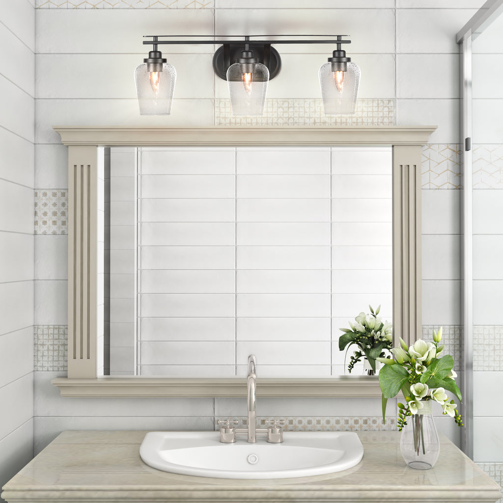 Odyssey Three Light Bath Bar in Matte Black with 5" Clear Bubble Shade
