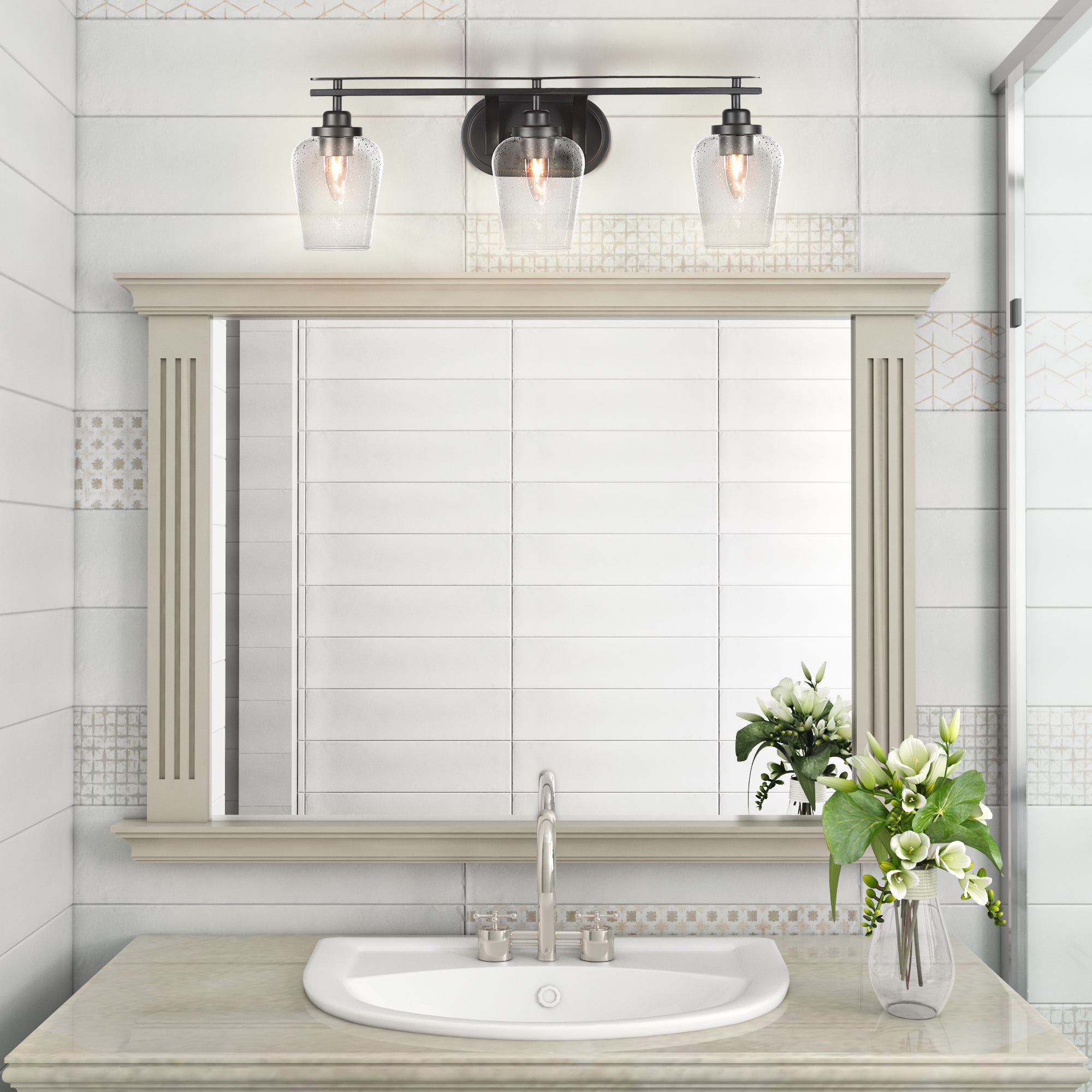 Odyssey Three Light Bath Bar in Matte Black with 5" Clear Bubble Shade