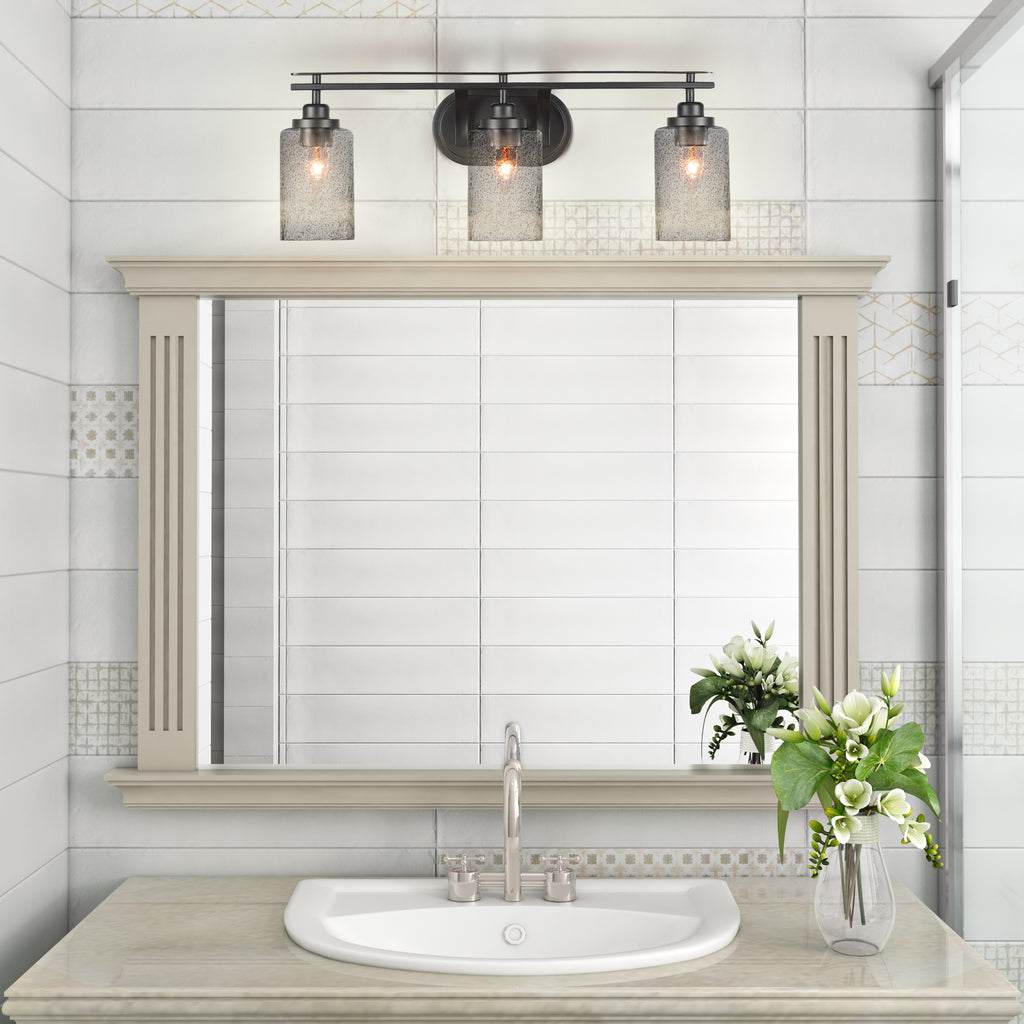 Odyssey Three Light Bath Bar in Matte Black with 4" Smoke Bubble Shade