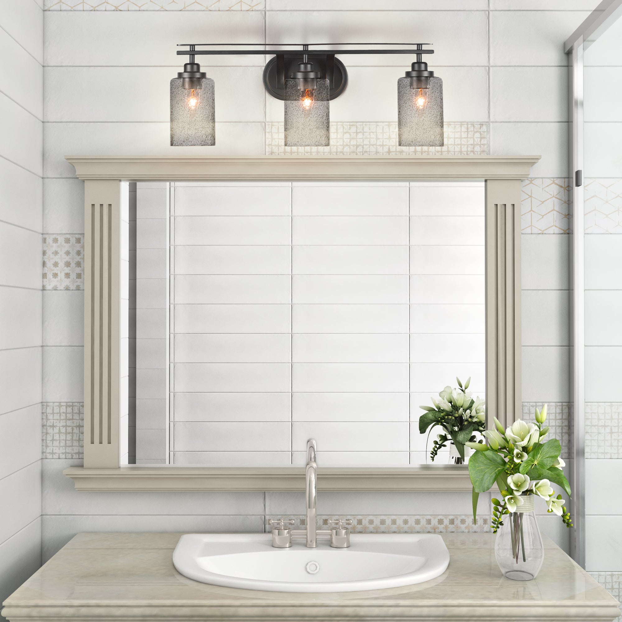 Odyssey Three Light Bath Bar in Matte Black with 4" Smoke Bubble Shade