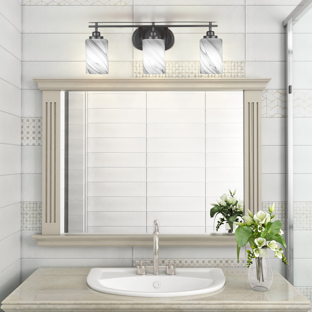 Odyssey Three Light Bath Bar in Matte Black with 4" Onyx Swirl Shade