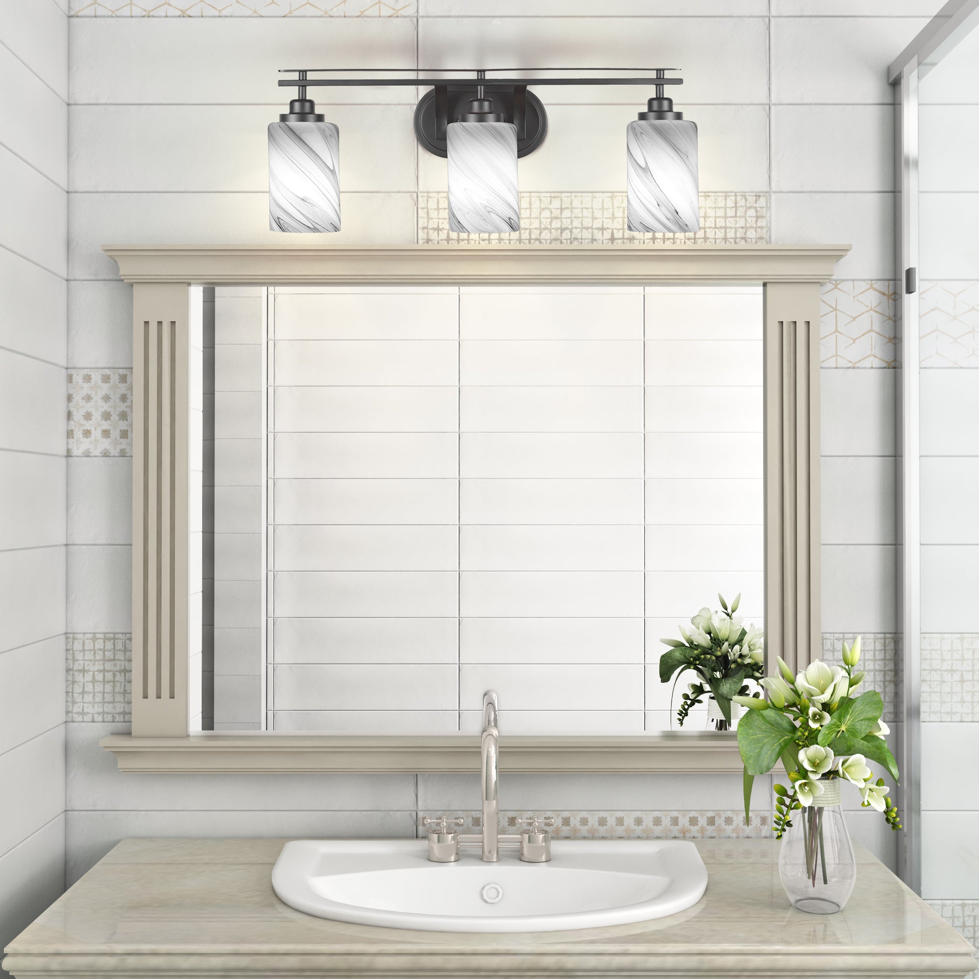 Odyssey Three Light Bath Bar in Matte Black with 4" Onyx Swirl Shade
