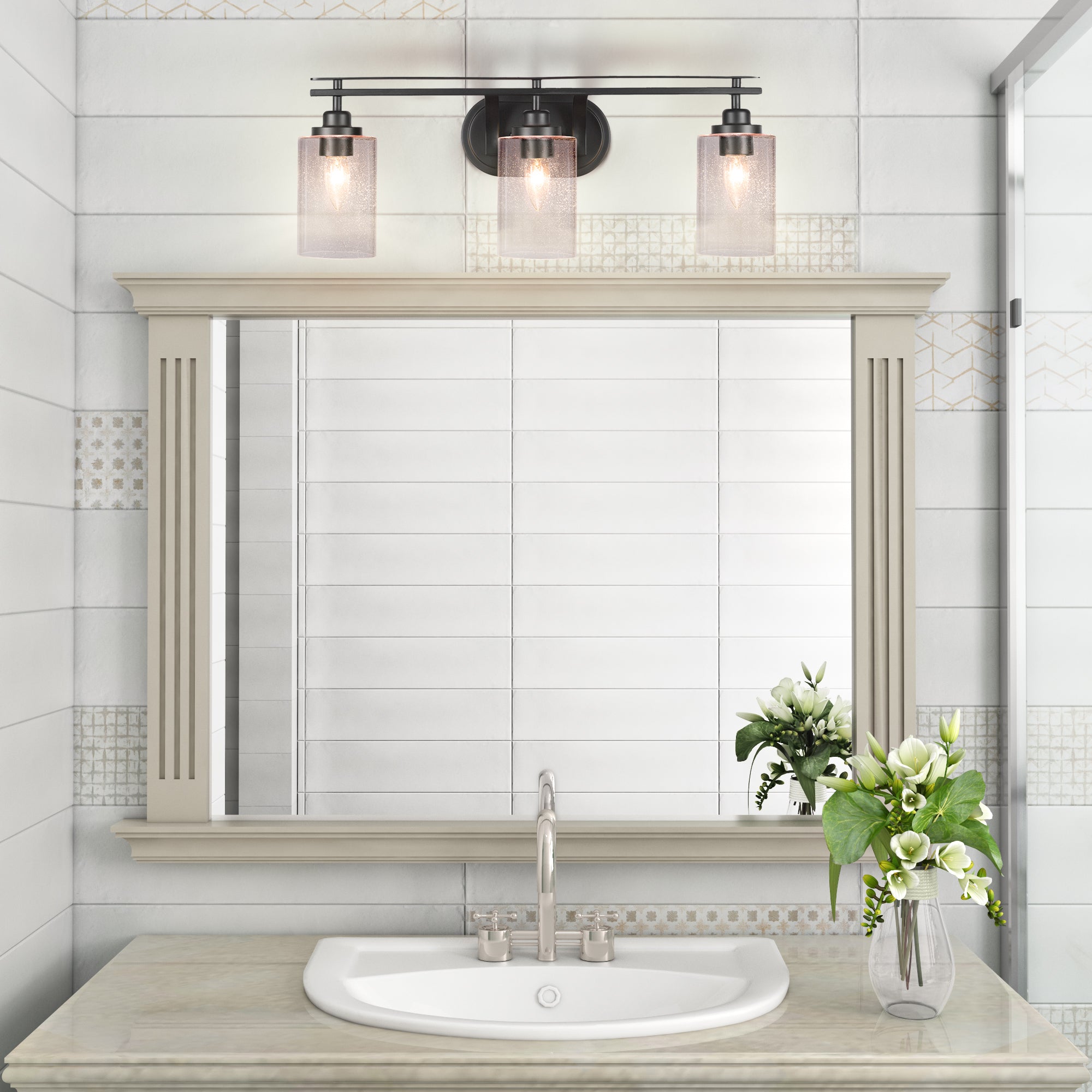 Odyssey Three Light Bath Bar in Matte Black with 4" Clear Bubble Shade