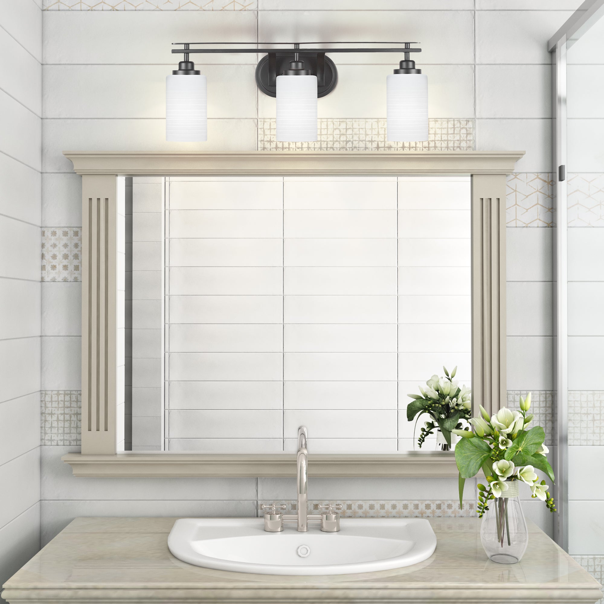 Odyssey Three Light Bath Bar in Matte Black with 4" White Matrix Shade