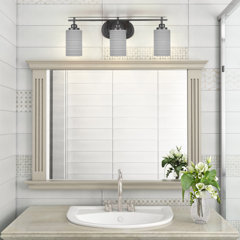 Odyssey Three Light Bath Bar in Matte Black with 4" Gray Matrix Shade