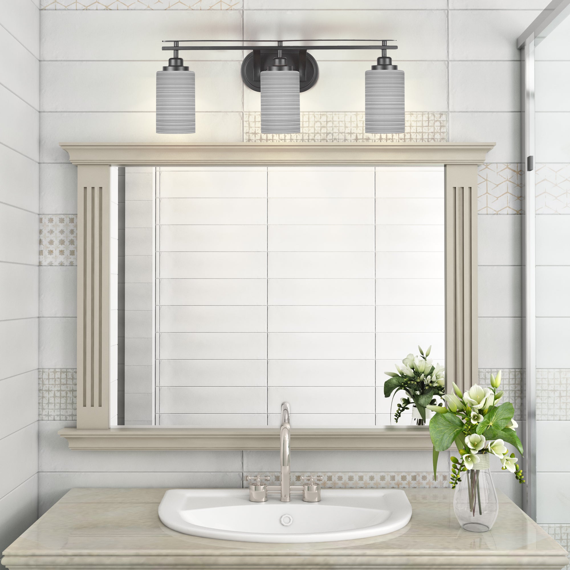 Odyssey Three Light Bath Bar in Matte Black with 4" Gray Matrix Shade